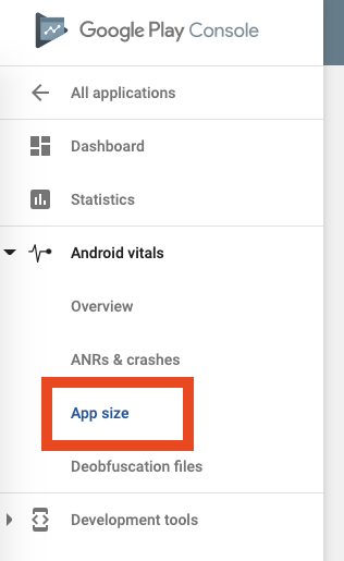 App size tab in Google Play Console